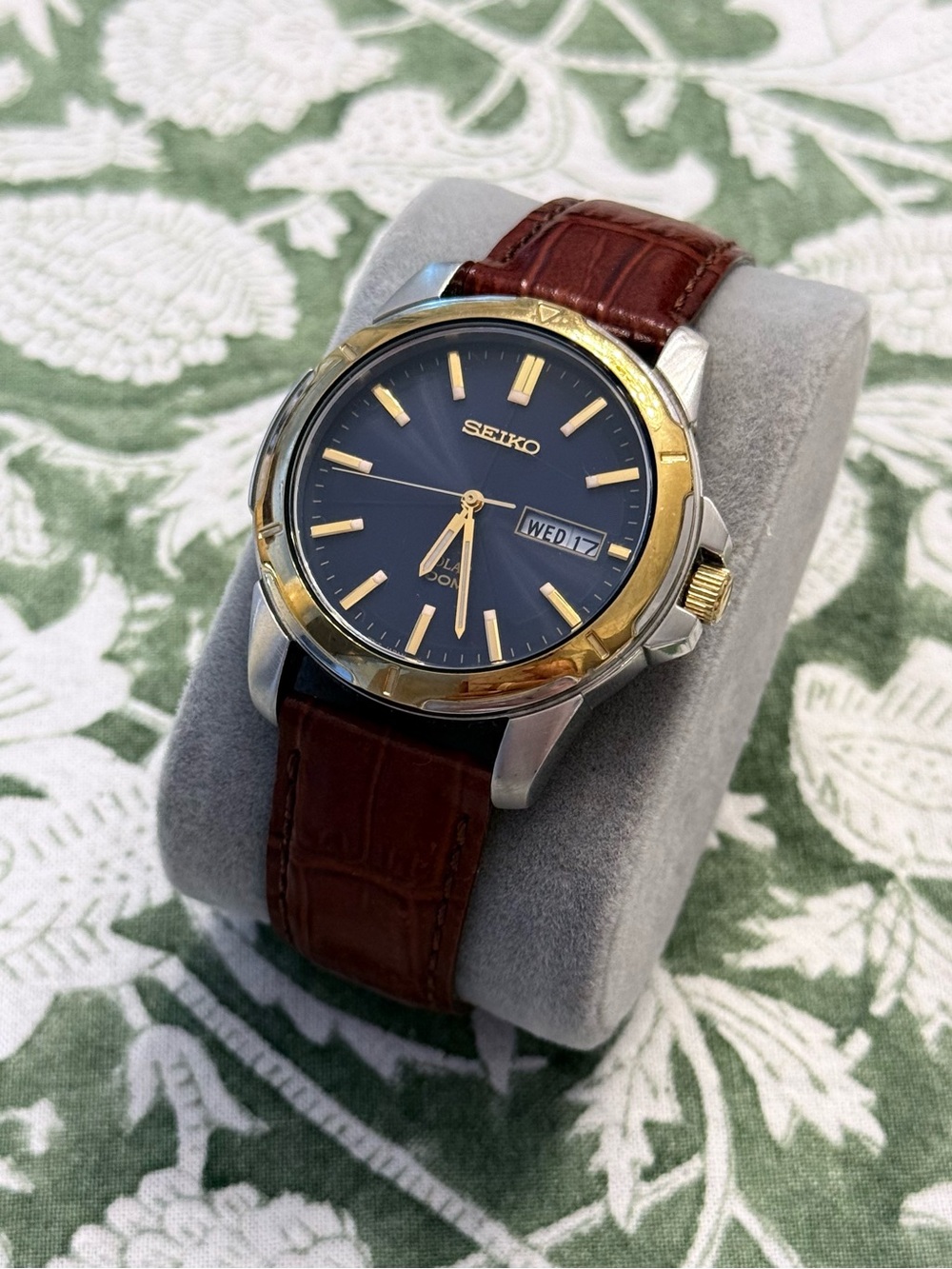 Seiko Solar Men’s Watch Blue Dial Two-Tone Brown Leather